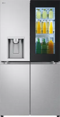 A front view of a modern LG refrigerator with a glass door panel showing beverages.