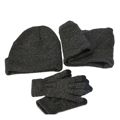 Produktbild von Herren Herbst Winter Warm Gestrickte Mode Flauschige Wollmütze Plüsch Handschuhe Schal Set-Mittelgrau