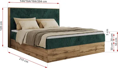 A boxspring bed with dimensions indicated.