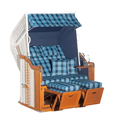 Produktbild von Rustikal 255 Plus Strandkorb komplett aufgebaut, 2-Sitzer Halbliegemodell Ostseeform, Geflecht weiß, Strukturpolyester kariert, Innen uni, Fichtenholz, ca. 125x90x160 cm