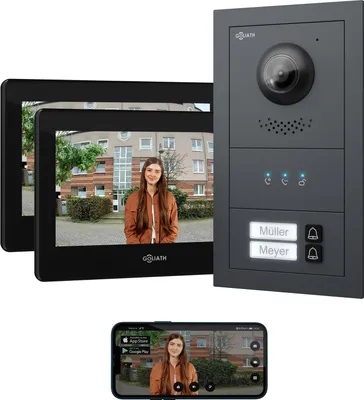 A doorbell intercom system with indoor monitors and a smartphone app display.