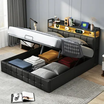 Produktbild von INONEFT Polsterbett 140 x 190cm mit USB und Steckdosen, Doppelbett mit Stauraum, Jugendbett mit LED, Kunstleder, Schwarz