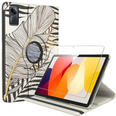 Image de Coque + Verre Trempé pour Xiaomi Redmi Pad SE 11 Pouces, Protection Etui Rotatif 360° - Motif Feuille
