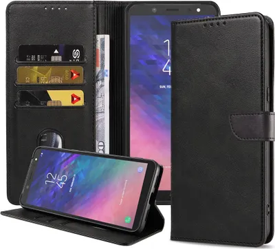 Immagine prodotto di Adatta per Samsung Galaxy A6 Plus 2018 Custodia per telefono in ecopelle con labbro magnetico e portacarte a libro con patta - Nero - Smartphonics