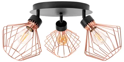 A three-light ceiling lamp with a black base and rose gold wire cages around the bulbs.