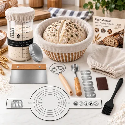 Image de Panier de Fermentation 10 Pièces, Kit pour Pain au Levain avec Tapis de Cuisson, Couteau à Pain, 5 Lames & Accessoires