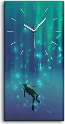 Produktbild von Wanduhr Bürouhr Leinwand Bild Quarz 30x60 Taucher und Unterwasserwelt Fische - weiße Hände