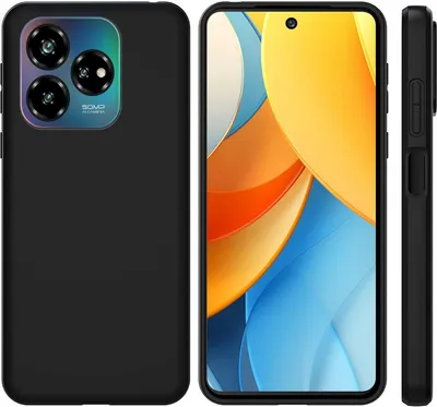 A collage showing a black phone case from different angles, and a smartphone with a colorful wallpaper.
