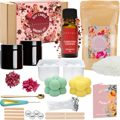 Produktbild von Soyovo DIY - Set für Kerzenherstellung - Kerzen Selber Machen Set - mit Soja-Wachs, Baumwoll- und Holzdochten, braunen Glasgefäßen mit Deckel