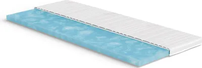 A cross-section view of a mattress topper, showing its layered construction.
