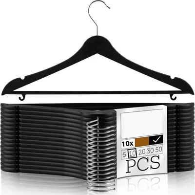 Produktbild von Hochwertige Kleiderbügel Schwarz 10er Set – Rutschfest, 360° drehbarer Haken, mit Hosensteg, robust & vielseitig für Hemden, Anzüge, Jacken
