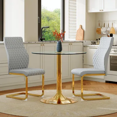 Immagine prodotto di Set tavolo e sedie, tavolo in vetro con diametro di 85 cm, gambe in metallo, 2 sedie da pranzo (oro, grigio chiaro, trasparente)