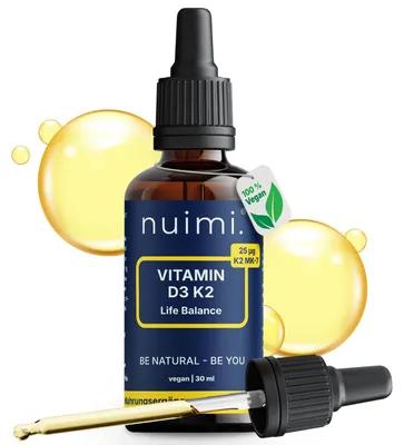 Produktbild von nuimi. Vitamin D3 K2 Tropfen 1000 IE – Hochdosiert | Vegan | Hohe Bioverfügbarkeit | Labor | Für Erwachsene