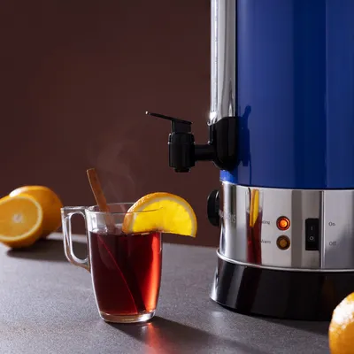 Produktbild von Navaris Glühweinkocher Heißwasserspender aus Edelstahl - 10l - mit Thermostat Füllstandanzeige Zapfhahn - Glühwein Heißgetränkeautomat Blau