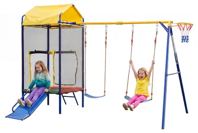 Produktbild von Multifunktionales Outdoor-Schaukel-Set,Kinder Spielturm Outdoor mit Trampolin, Schaukel & Rutsche – Multifunktionales Spielgerät für Garten, mit Sicherheitsnetz, Basketballkorb & stabilem Eisenrahmen