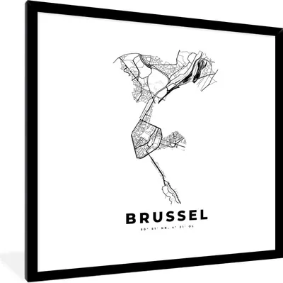 Produktbild von MuchoWow® Gerahmtes Poster Belgien - Brüssel - Stadtplan - Karte - Schwarz und weiß - Karte 40x40 cm - Poster mit Schwarzem Bilderrahmen Wandposter Rahmen Foto Bilder - Mit Rahmen - Wanddekoration Schlafzimmer