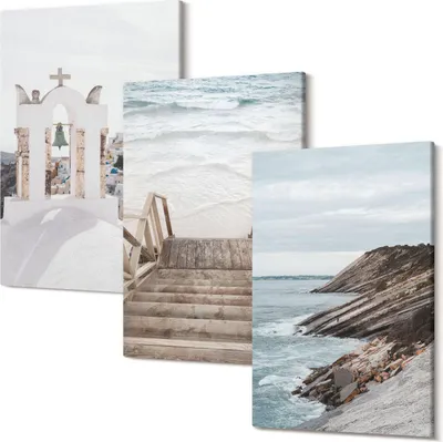 Produktbild von Leinwandbilder – Wandbilder – Leinwandbild – Canvas Bild – Polycanvas – Kunstdruck –  – Modern – Aufhängefertig – Mehrteilig – 3-Teilig – 40x60 Cm Pro Bild - Blick auf das Meer und die Architektur von Santorini gegen den Himmel