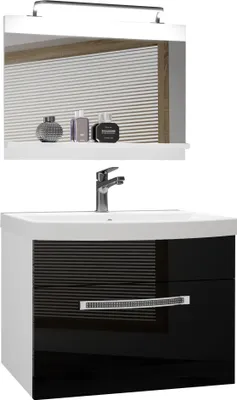 Produktbild von BELINI Badmöbel Vollausstattung Set Waschbeckenschrank, Waschbecken, Spiegel, Lampe (Schwarz, Glänzend)