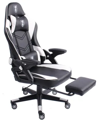 Produktbild von Gaming Stuhl im modernen Racing-Design mit ausziehbarer Fußstütze Gaming Chair mit verstellbaren Design Armlehnen ergonomischer Schreibtischstuhl mit extra Stützkissen,Farbe:Schwarz/Weiß