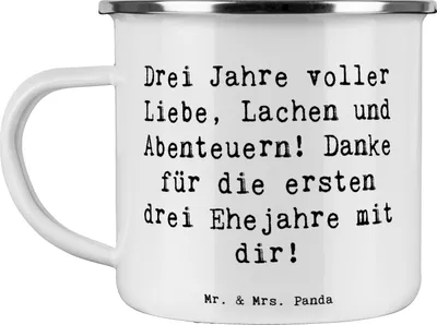 Produktbild von Mr. & Mrs. Panda Teetasse Spruch 3. Hochzeitstag Lederhochzeit - Weiß - Geschenk, Jahrestag, Haferl, Drei Jahre voller Liebe, Heirat, becher emaille, Teebecher, Pott