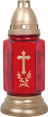 Produktbild von Grableuchte aus Glas (24 cm) mit Kreuz inklusiv Kerze, Design Bella rot