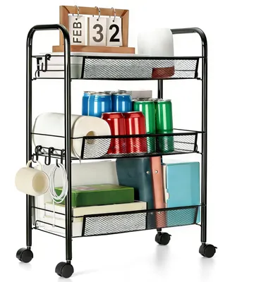 Rollwagen mit 3 Ablagen, Metall, 27 x 45 x 65 cm, schwarz, inkl. Haken