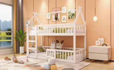 Obrázok produktu pre Poschodová posteľ 90x200 cm, s rebríkom, s roštom, vhodná do detských a mladistvých izieb, spální a hosťovských izieb, biela