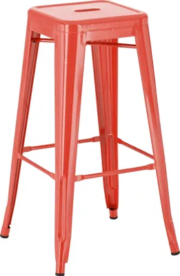 A red metal bar stool is shown against a white background.