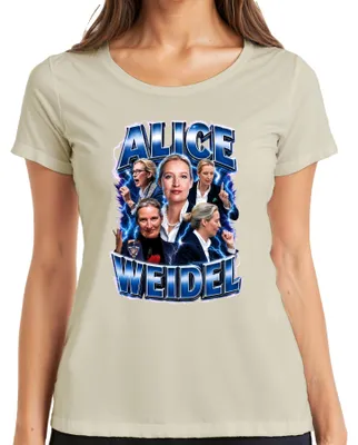Immagine prodotto di Maglietta da donna con scritta "Alice Weidel AfD, patriottismo, Germania", con un tono sarcastico. Colore: naturale, taglia S