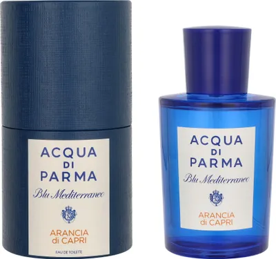 A bottle of Acqua di Parma Blu Mediterraneo Arancia di Capri Eau de Toilette and its cylindrical packaging are shown against a white background.