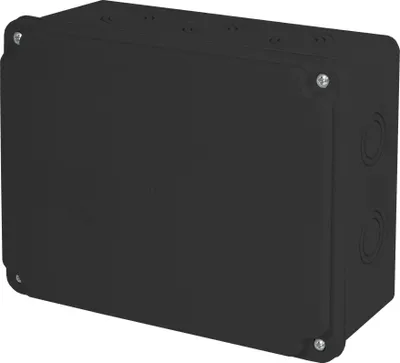 A black electrical junction box with multiple knockouts on the sides and top, shown from a three-quarter angle.