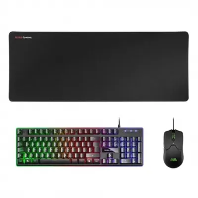 A gaming keyboard and mouse set with a large mousepad.