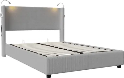 Obrázek produktu pro sametová postel 140 x 200 cm s úložným prostorem, lampičkami na čtení a roštem - šedá