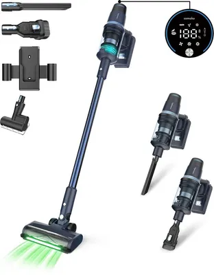 A collection of vacuum cleaner parts and accessories, including a main unit with a digital display, and various attachments, arranged on a white background.
