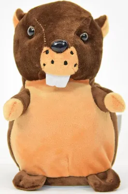 A stuffed beaver toy is shown against a white background.