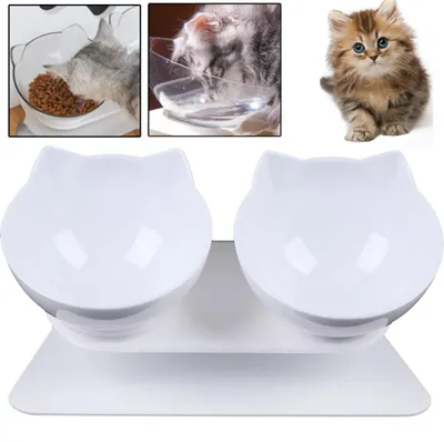 Image de Gamelles doubles surélevées avec support, 15 gamelles inclinées avec protection pour le cou, gamelles pour la nourriture et l'eau destinées aux chats ou aux petits chiens