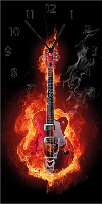 Produktbild von Wallario Design Wanduhr bedruckt, Größe 30 x 60 cm, Motiv: Brennende Gitarre