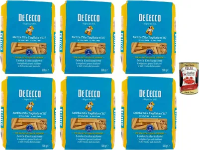 Produktbild von De Cecco Mezza Zita Tagliata Nr.117, Hartweizenpasta 6x500g - langsam trocknend 9h, feste Textur - 9min backen (al dente 7min) - Italy + Italian Gourmet Polpa 400g