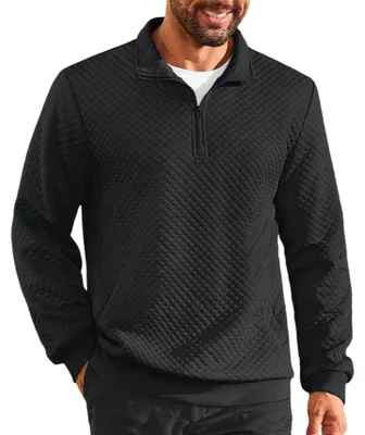 Immagine prodotto di Maglione da uomo, lavorazione a coste waffle, colletto alto, maniche lunghe, zip frontale, elegante, stile classico, colore nero, taglia XL