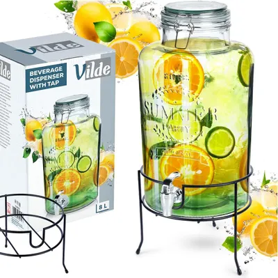 Zdjęcie produktu dla Vilde | Dozownik do napojów - z kranem i podstawką - czarny - 8 l - wykonany ze szkła - idealny do lemoniady, soku, mrożonej herbaty
