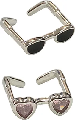 Produktbild von 2 Stück Paarringe, Sonnenbrillenform, Strass-Dekor, verstellbar, poliert, offener Ring, Legierung, Jahrestagsgeschenk, Fingerschmuck