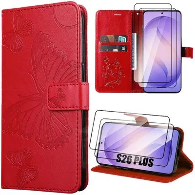 Image de Coque + 2 Verres Trempés pour Samsung Galaxy S26 Plus, Protection Antichoc Synthécuir Relief Papillon - Rouge