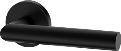 A black door handle on a white background.