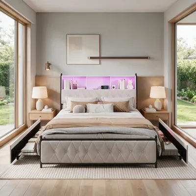 Produktbild von INONEFT Polsterbett 140x200 cm mit LED Beleuchtung, Type-C und USB Anschlüsse, Jugendbett mit 3 Kopfteil stauraum, 4 Schubladen, Samt, Beige