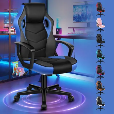 Zdjęcie produktu dla Krzesło gamingowe, fotel do komputera, ergonomiczne obrotowe krzesło biurowe na kółkach, wykonane z materiału przypominającego skórępoliuretan i tkaniny, kolor niebieski