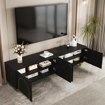 Produktbild von MODFU TV-Schrank Lowboard mit strukturierten Türen und runden Beinen, Fernsehbank mit Push-to-Open, TV-Regal mit goldenen Bögen, TV-Möbel mit Einlegeböden, schwarz