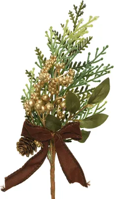 Produktbild von Tannenzweig künstlich 25cm mit goldenen Beeren und Samtschleife