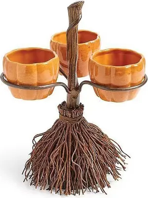 Produktbild von Halloween Kürbis Snack Schüssel Ständer Süßigkeiten Schüssel Abnehmbares Party Tablett Halloween Besen Kürbis Tassen,(3 Cups)