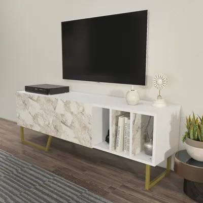Image de Meuble TV Decorotika Linossa avec pieds métalliques, pour téléviseurs jusqu'à 60 pouces | Blanc et effet marbre blanc doré