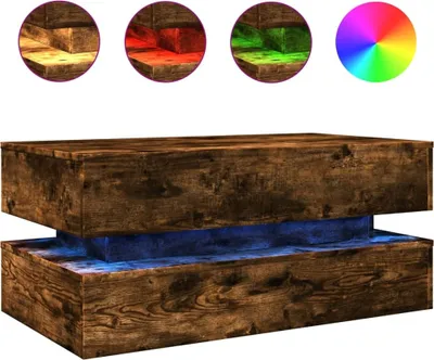 A wooden coffee table with LED lighting.